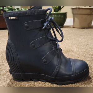 Sorel Women's Navy Joan Rain Wedge Boots